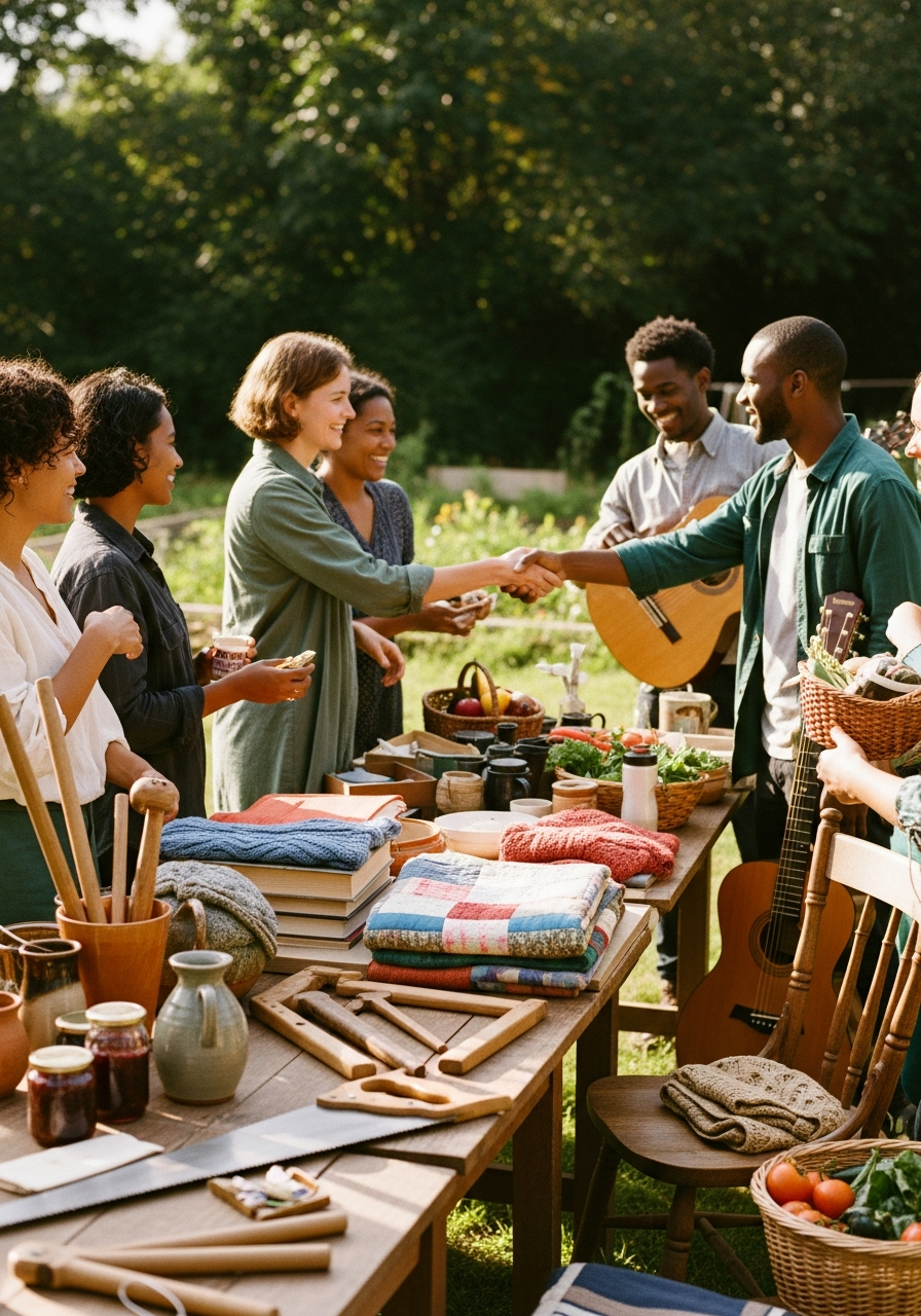 A community of neighbors exchanging handmade goods, tools, and skills